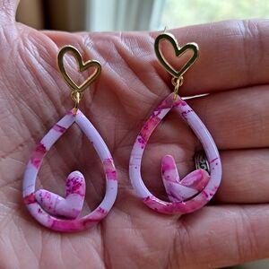 Pink, Purpleand Gold Heart Drop Earrings, Gold Plated And Polymer Clay